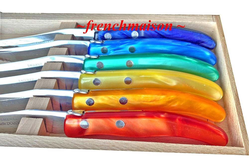 CLAUDE DOZORME Laguiole French Rainbow Multicolor 6 STEAK KNIFE Set Gift Box