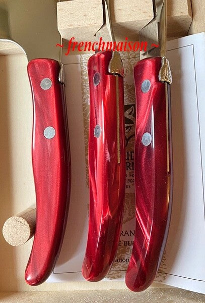 CLAUDE DOZORME Laguiole French CHEESE Knife Fork Cleaver Box Set Burgundy Red
