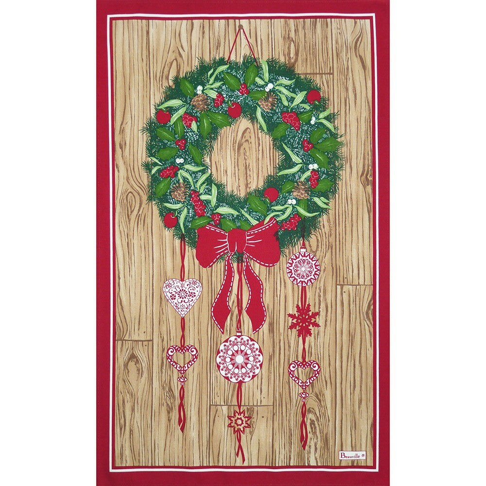 BEAUVILLE French Kitchen Dish Tea Towel Christmas Holiday Wreath Hand-Printed