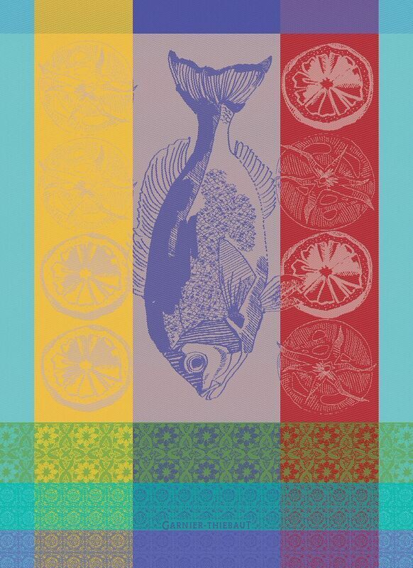 Garnier Thiebaut kitchen dish tea cotton woven towel: Plancha Fish Provence Colorful