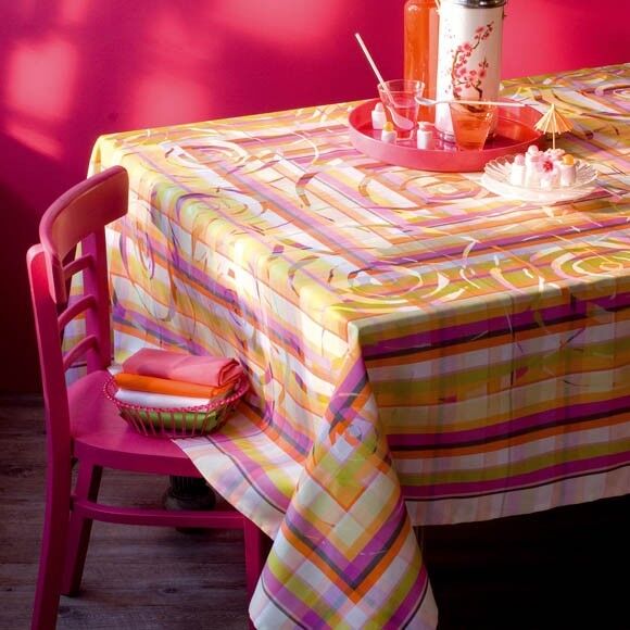 Garnier Thiebaut cotton Jacquard woven tablecloth 69" x 100": Ricochetes Rose d'Inde