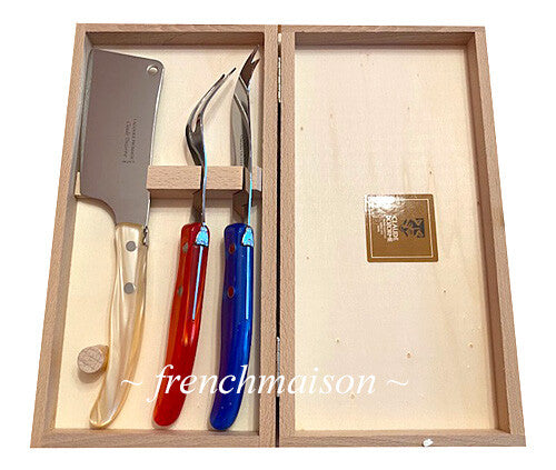 CLAUDE DOZORME Laguiole French CHEESE Knife Fork Cleaver Box Set Red Natural Blue