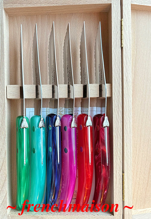 CLAUDE DOZORME Laguiole French Multicolor 6 STEAK KNIFE Set Gift Box