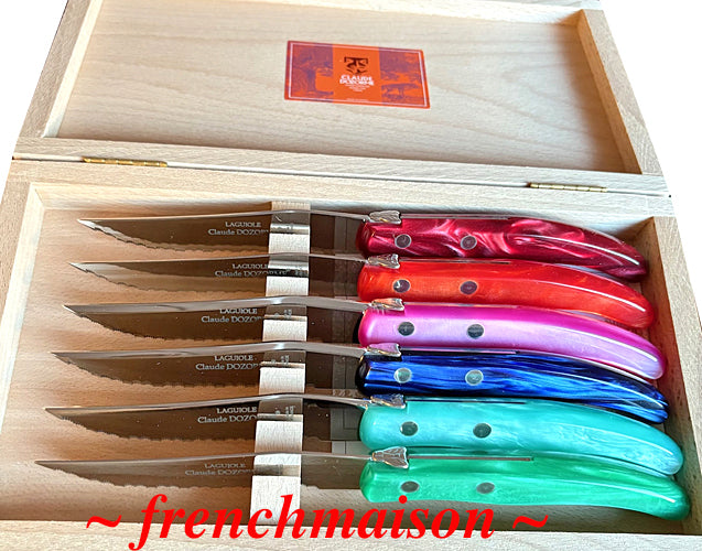 CLAUDE DOZORME Laguiole French Multicolor 6 STEAK KNIFE Set Gift Box