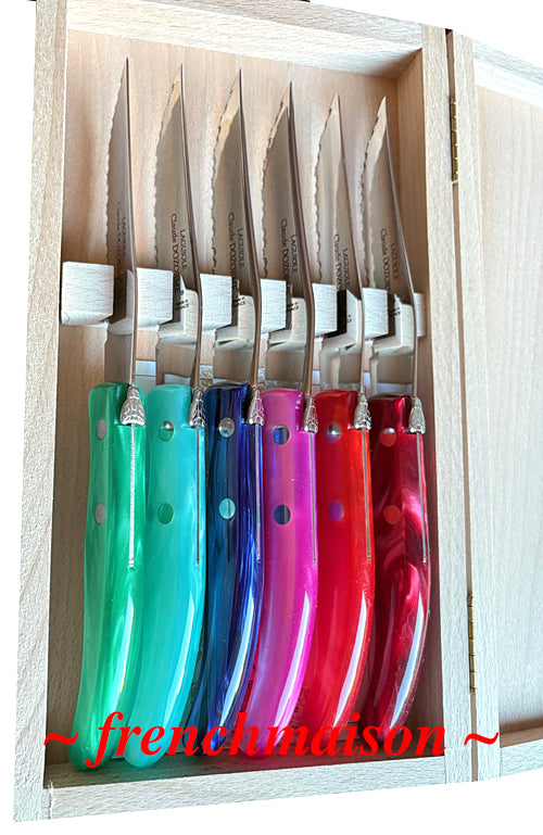 CLAUDE DOZORME Laguiole French Multicolor 6 STEAK KNIFE Set Gift Box