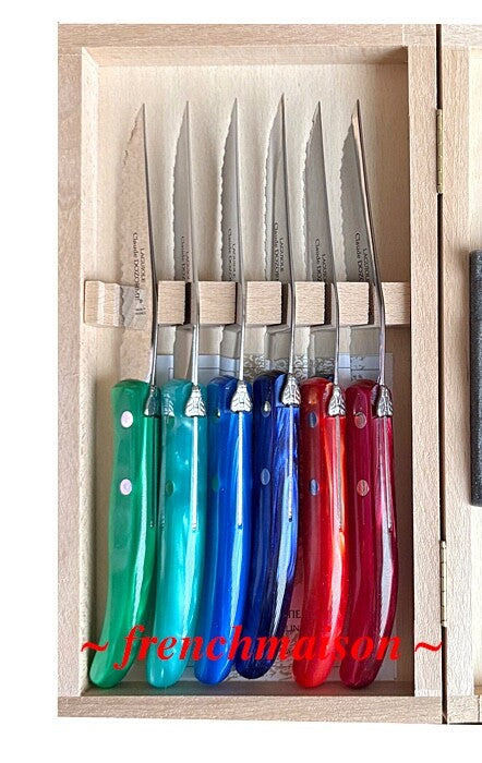 CLAUDE DOZORME Laguiole French Multicolor 6 STEAK KNIFE Set Gift Box