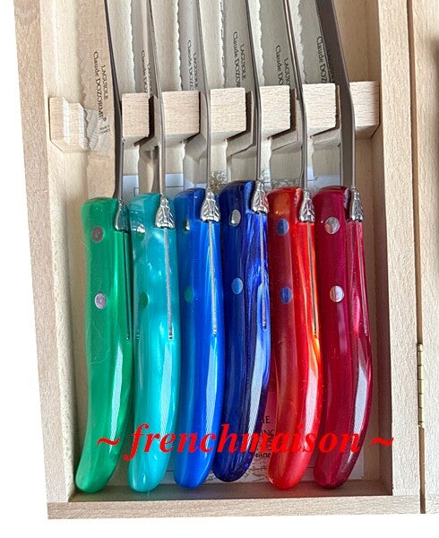 CLAUDE DOZORME Laguiole French Multicolor 6 STEAK KNIFE Set Gift Box