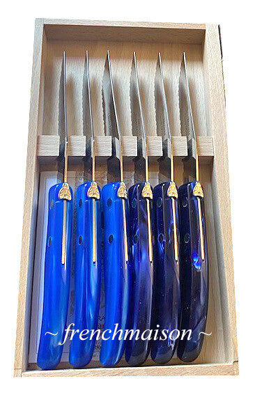 CLAUDE DOZORME Laguiole French 6 STEAK KNIFE Gourmet Chef Gift Box Set Blue New