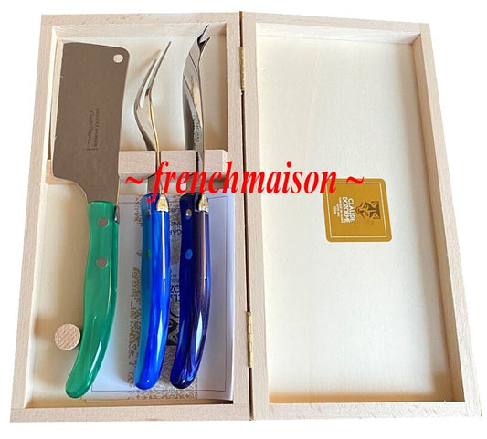 CLAUDE DOZORME Laguiole French CHEESE Knife Fork Cleaver Box Set Blue Green