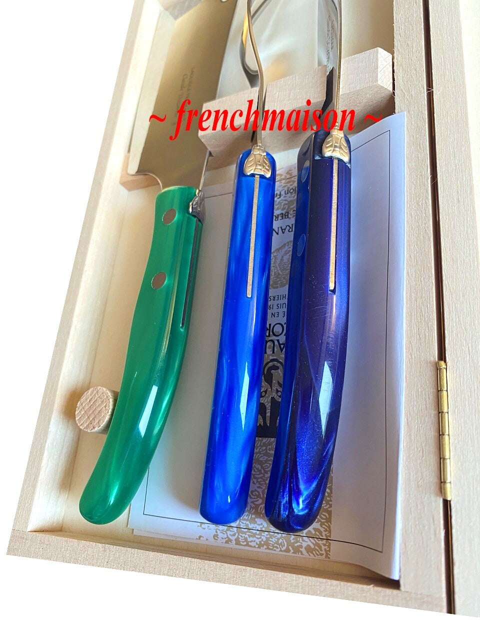 CLAUDE DOZORME Laguiole French CHEESE Knife Fork Cleaver Box Set Blue Green