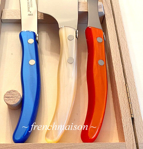 CLAUDE DOZORME Laguiole French CHEESE Knife Fork Cleaver Box Set Red Natural Blue