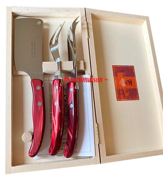 CLAUDE DOZORME Laguiole French CHEESE Knife Fork Cleaver Box Set Burgundy Red