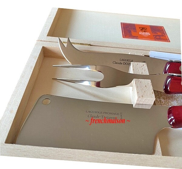 CLAUDE DOZORME Laguiole French CHEESE Knife Fork Cleaver Box Set Burgundy Red