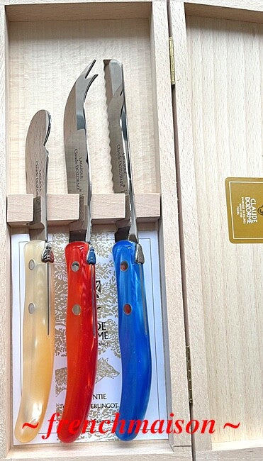 CLAUDE DOZORME French BREAKFAST Picnic Cheese Jam Bread Knife Gift Set Red Natural Blue