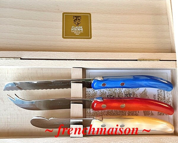 CLAUDE DOZORME French BREAKFAST Picnic Cheese Jam Bread Knife Gift Set Red Natural Blue
