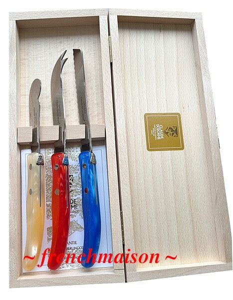 CLAUDE DOZORME French BREAKFAST Picnic Cheese Jam Bread Knife Gift Set Red Natural Blue