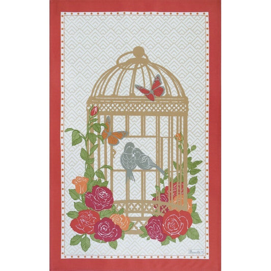 BEAUVILLE French Kitchen Tea Towel INSÉPARABLES Birds Butterflies Flowers Love