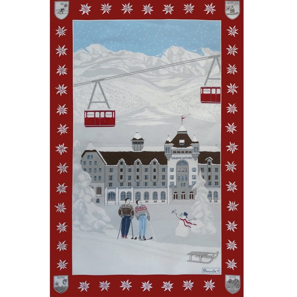 BEAUVILLE French Kitchen Dish Tea Towel Grand Hotel Skiing Snowman Snow Winter