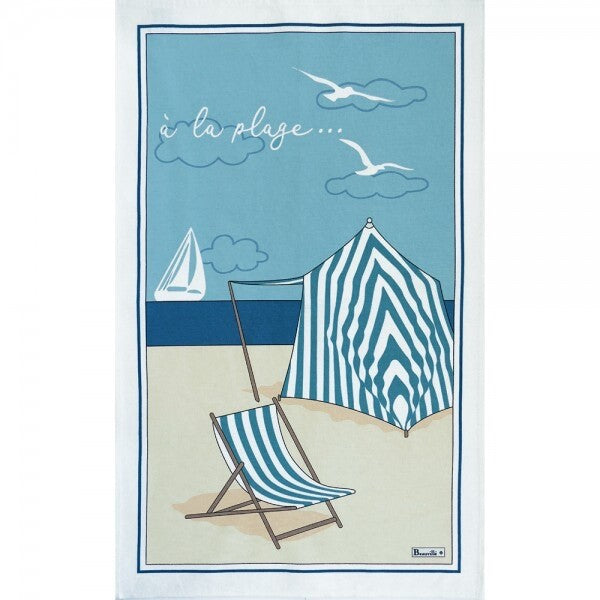 BEAUVILLE French Kitchen Tea Towel A LA PLAGE Beach Sailing Boat Hand-Printed