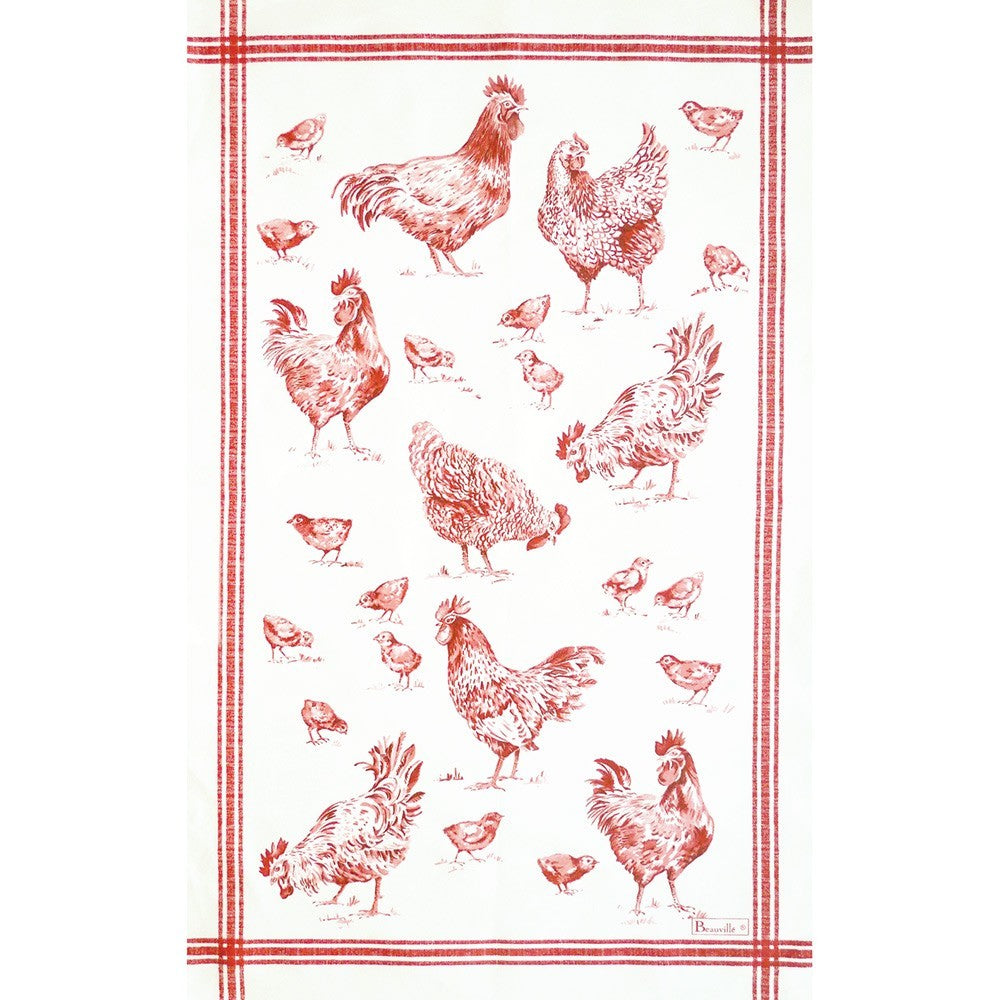 BEAUVILLE Kitchen Towel Classic FRENCH BASSE-COURS Barnyard Roosters Red New