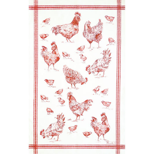 BEAUVILLE Kitchen Towel Classic FRENCH BASSE-COURS Barnyard Roosters Red New