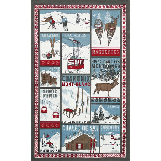 BEAUVILLE French Kitchen Tea Towel Winter Skiing Mountain Ice Hockey Snowman Ski