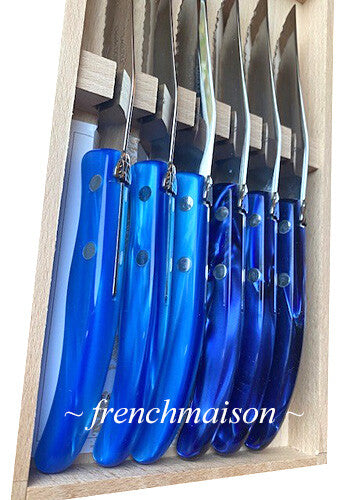 CLAUDE DOZORME Laguiole French 6 STEAK KNIFE Gourmet Chef Gift Box Set Blue New