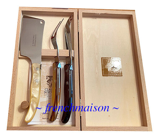 CLAUDE DOZORME Laguiole French CHEESE Knife Fork Cleaver Box Set Brown Natural
