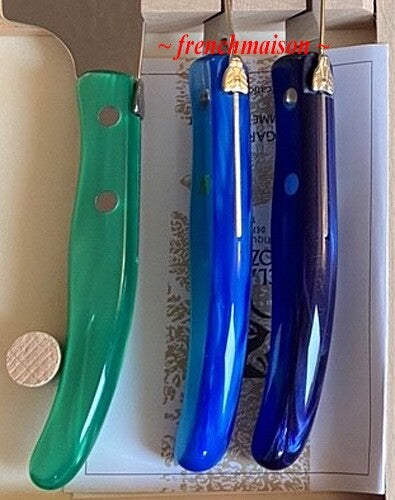 CLAUDE DOZORME Laguiole French CHEESE Knife Fork Cleaver Box Set Blue Green