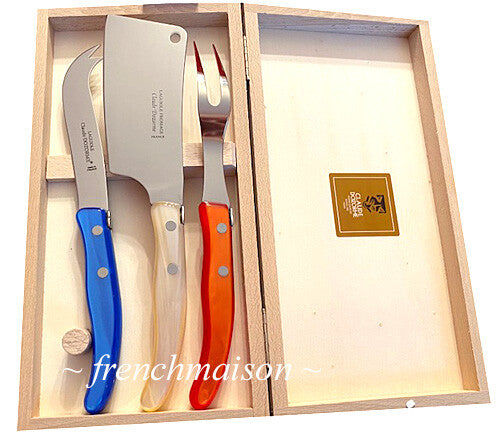 CLAUDE DOZORME Laguiole French CHEESE Knife Fork Cleaver Box Set Red Natural Blue