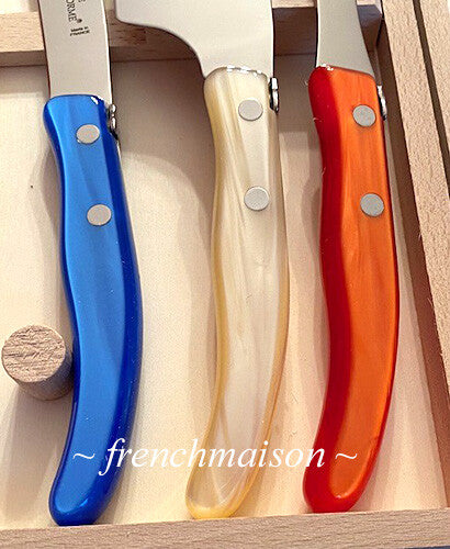 CLAUDE DOZORME Laguiole French CHEESE Knife Fork Cleaver Box Set Red Natural Blue