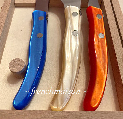 CLAUDE DOZORME Laguiole French CHEESE Knife Fork Cleaver Box Set Red Natural Blue
