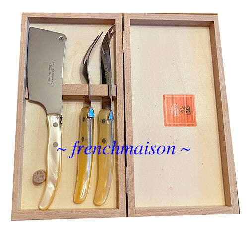 CLAUDE DOZORME Laguiole French CHEESE Knife Fork Cleaver Box Set Natural
