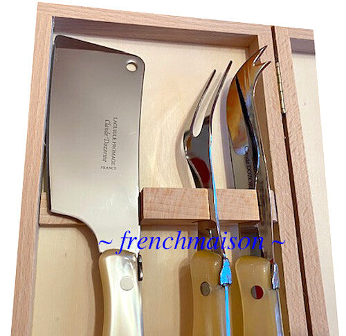 CLAUDE DOZORME Laguiole French CHEESE Knife Fork Cleaver Box Set Natural
