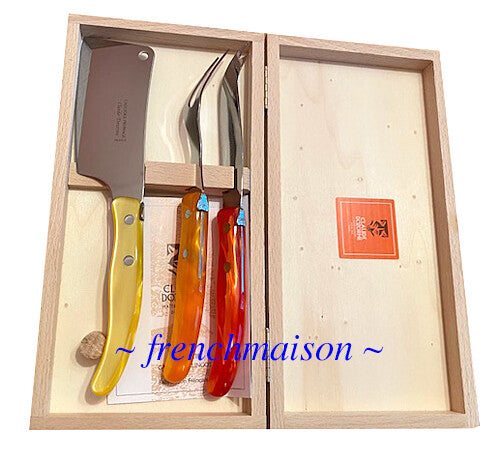CLAUDE DOZORME Laguiole French CHEESE Knife Fork Cleaver Box Set Spring Colors