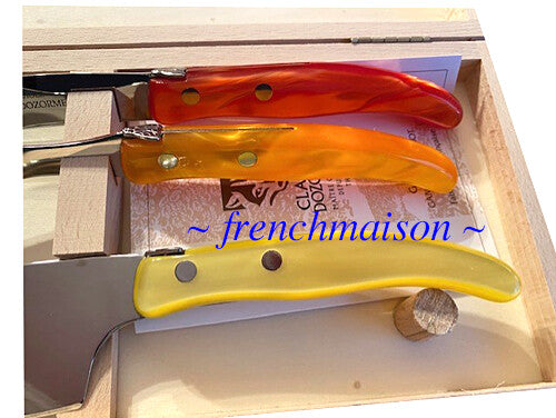 CLAUDE DOZORME Laguiole French CHEESE Knife Fork Cleaver Box Set Spring Colors
